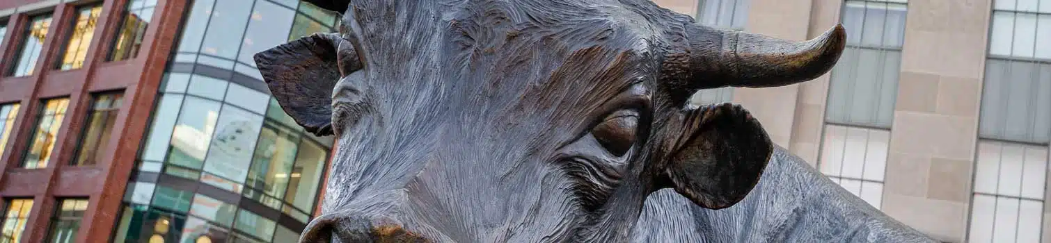 durham Bronze bull statue in an urban plaza with glass-fronted buildings behind it.